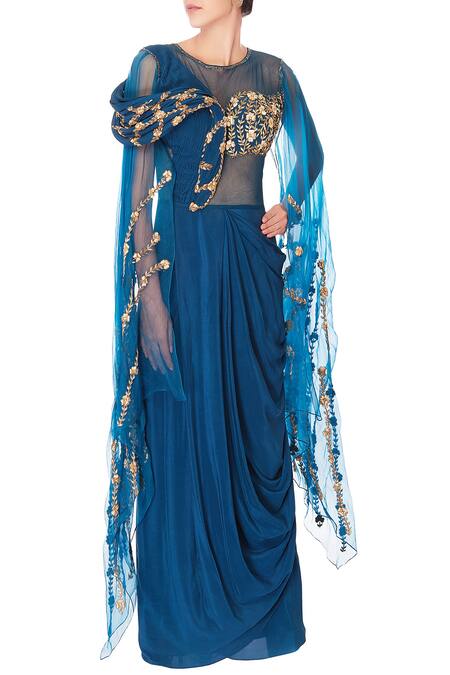 Priyanka Singh Blue Crepe Silk Embroidered Zari And Cut Dana Embellished Saree Gown For Women