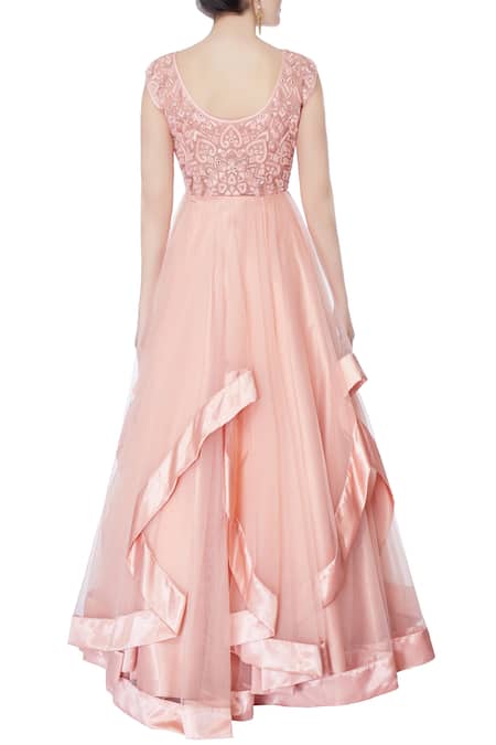 Shop_Neha Gursahani_Pink Net Embroidered Thread Work Round Neck Gown _at_Aza_Fashions
