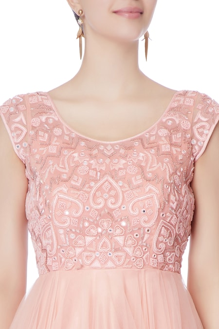Neha Gursahani_Pink Net Embroidered Thread Work Round Neck Gown _at_Aza_Fashions