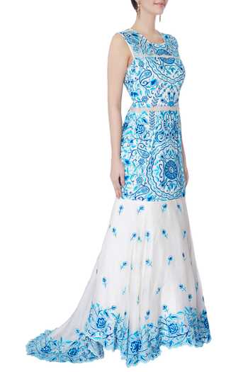 Neha Gursahani Blue Embroidered Trail Gown Online at Aza Fashions Neha Gursahani_Blue Embroidered Trail Gown_Online_at_Aza_Fashions