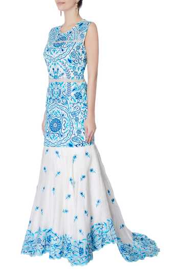 Buy Neha Gursahani Blue Embroidered Trail Gown Online at Aza Fashions Buy_Neha Gursahani_Blue Embroidered Trail Gown_Online_at_Aza_Fashions