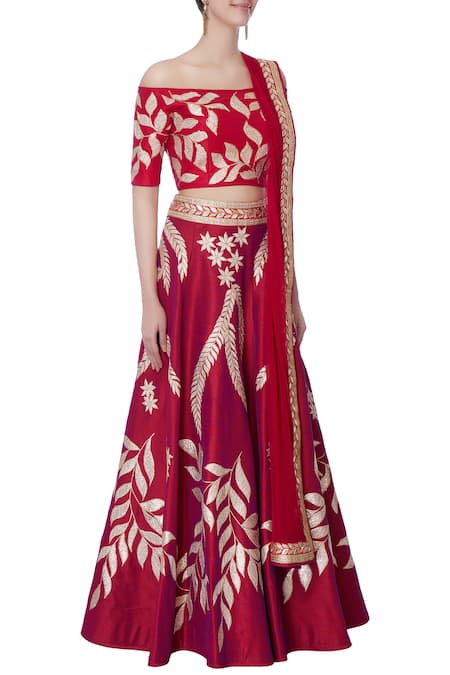 Vandana Sethi_Pink Raw Silk Gota , Thread Carmen Neck Embroidered Lehenga Set_Online_at_Aza_Fashions