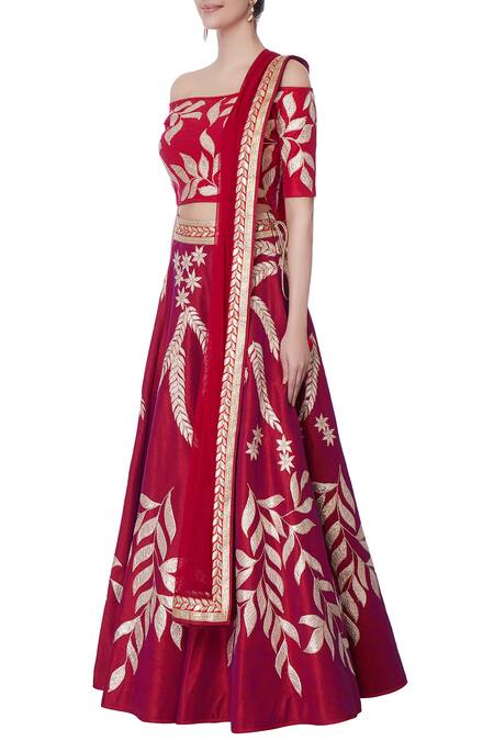 Buy_Vandana Sethi_Pink Raw Silk Gota , Thread Carmen Neck Embroidered Lehenga Set_Online_at_Aza_Fashions