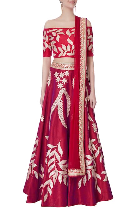 Shop_Vandana Sethi_Pink Raw Silk Gota , Thread Carmen Neck Embroidered Lehenga Set_Online_at_Aza_Fashions
