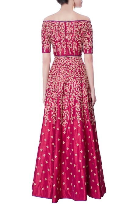 Shop Vandana Sethi Pink Raw Silk Zari, Zircon Carmen Neck Embroidered Lehenga Set at Aza Fashions Shop_Vandana Sethi_Pink Raw Silk Zari, Zircon Carmen Neck Embroidered Lehenga Set_at_Aza_Fashions