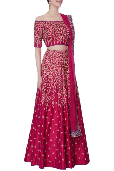 Vandana Sethi Pink Raw Silk Zari, Zircon Carmen Neck Embroidered Lehenga Set Online at Aza Fashions Vandana Sethi_Pink Raw Silk Zari, Zircon Carmen Neck Embroidered Lehenga Set_Online_at_Aza_Fashions