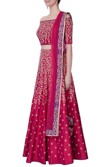 Buy Vandana Sethi Pink Raw Silk Zari, Zircon Carmen Neck Embroidered Lehenga Set Online at Aza Fashions Buy_Vandana Sethi_Pink Raw Silk Zari, Zircon Carmen Neck Embroidered Lehenga Set_Online_at_Aza_Fashions