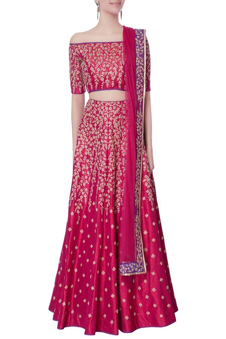 Shop Vandana Sethi Pink Raw Silk Zari, Zircon Carmen Neck Embroidered Lehenga Set Online at Aza Fashions Shop_Vandana Sethi_Pink Raw Silk Zari, Zircon Carmen Neck Embroidered Lehenga Set_Online_at_Aza_Fashions
