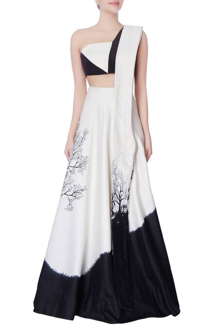 Shop_Bloni_White Color Block Lehenga Set_Online_at_Aza_Fashions