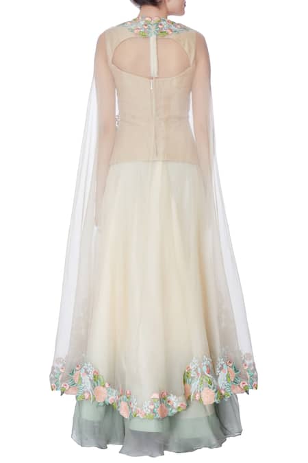 Incheetape Ivory organza silk cape with lehenga & blouse 