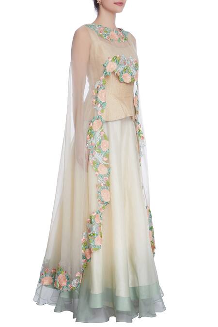 Incheetape Off White Organza Silk Layered Shy Ivory Cape With Lehenga And Blouse Online at Aza Fashions Incheetape_Off White Organza Silk Layered Shy Ivory Cape With Lehenga And Blouse _Online_at_Aza_Fashions