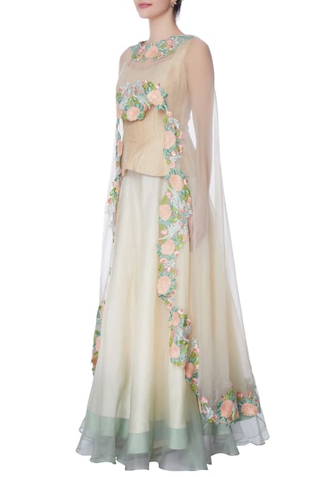 Buy Incheetape Off White Organza Silk Layered Shy Ivory Cape With Lehenga And Blouse Online at Aza Fashions Buy_Incheetape_Off White Organza Silk Layered Shy Ivory Cape With Lehenga And Blouse _Online_at_Aza_Fashions