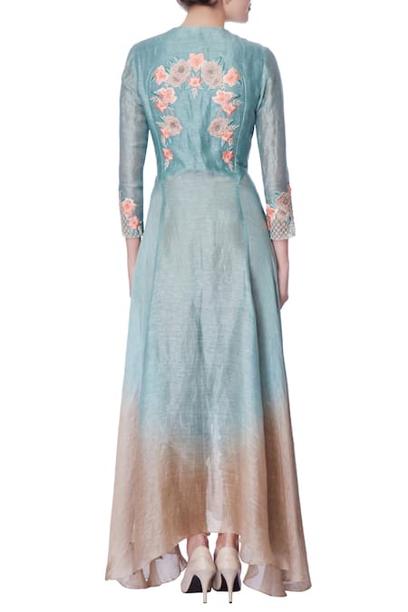 Incheetape Teal blue hand-finished jaali kurta & dhoti pants 