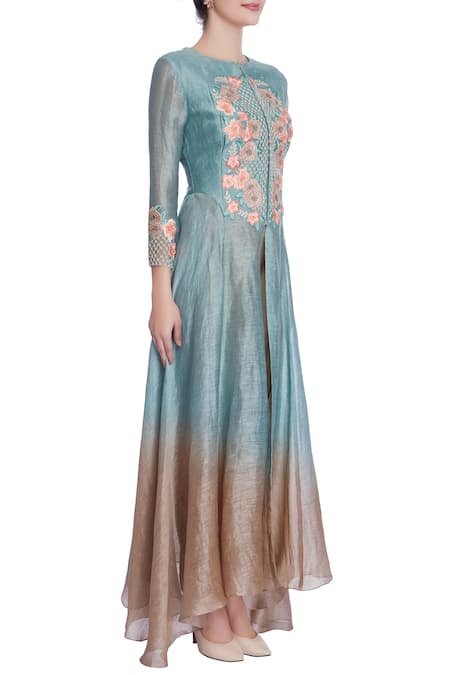 Incheetape_Blue Teal Hand-finished Jaali Kurta And Dhoti Pants _Online_at_Aza_Fashions