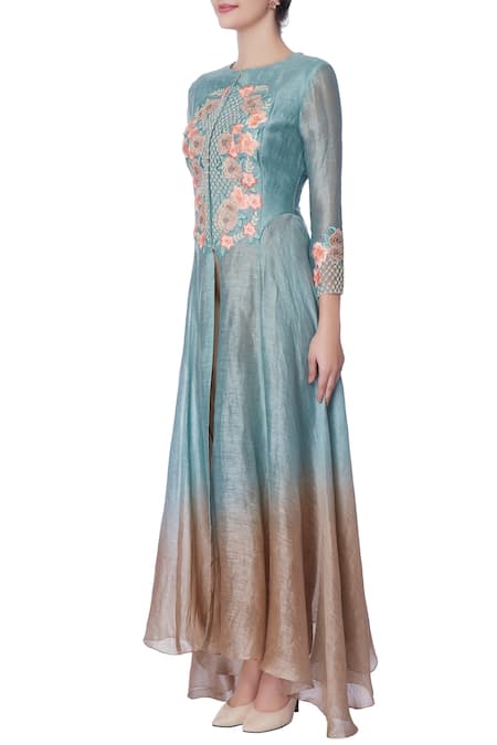 Buy_Incheetape_Blue Teal Hand-finished Jaali Kurta And Dhoti Pants _Online_at_Aza_Fashions