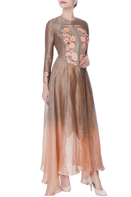 Incheetape Grey silk linen hand-finished jaali kurta set 