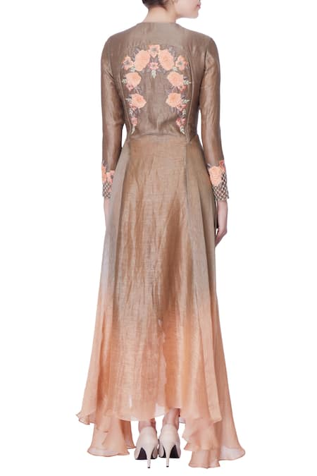 Incheetape Grey silk linen hand-finished jaali kurta set 