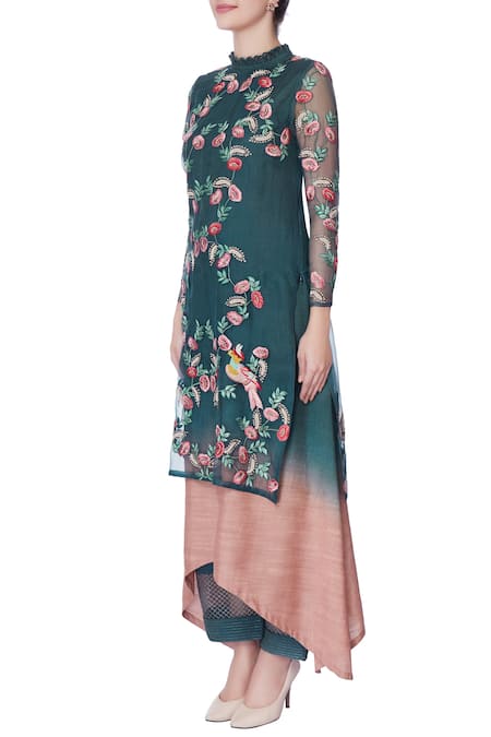 Buy_Incheetape_Blue Teal Zardozi Kurta And Palazzo Pants _Online_at_Aza_Fashions