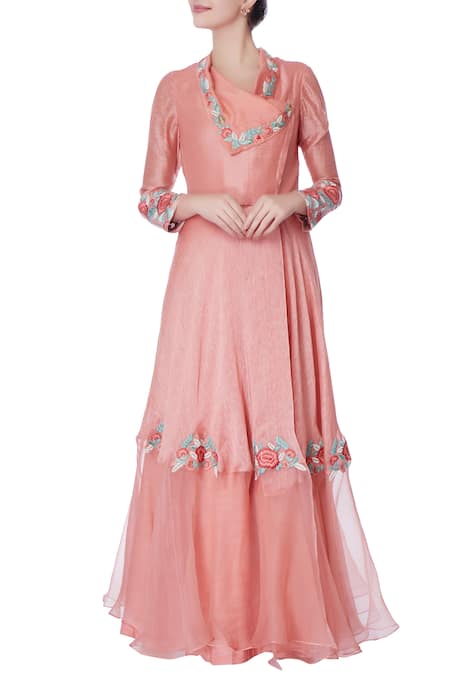 Incheetape Coral pink angrakha suit & palazzo pants 