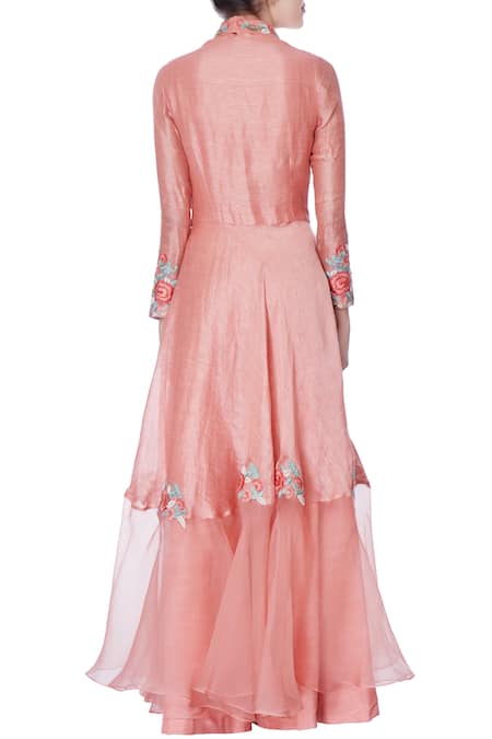 Incheetape Coral pink angrakha suit & palazzo pants 