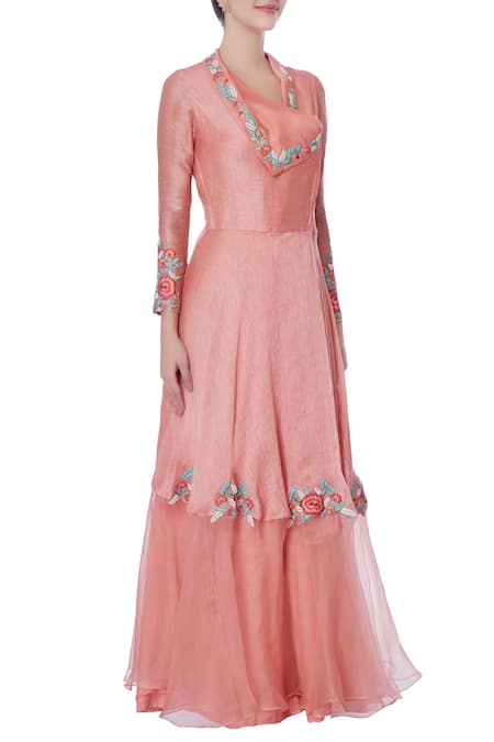 Incheetape_Pink Coral Angrakha Suit And Palazzo Pants _Online_at_Aza_Fashions