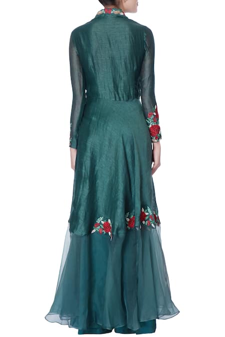 Incheetape Teal blue resham embroidered kurta set 