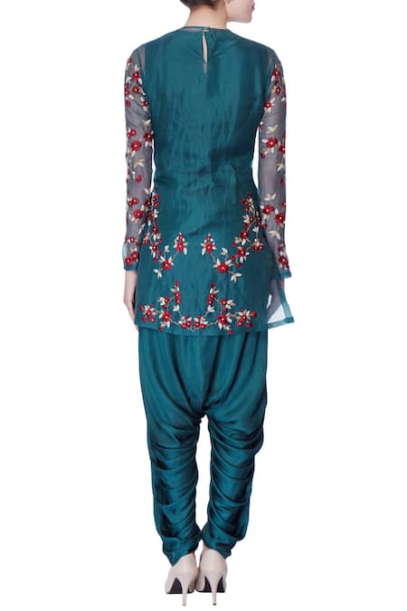 Incheetape Teal blue resham & zardozi embroidered kurta set 