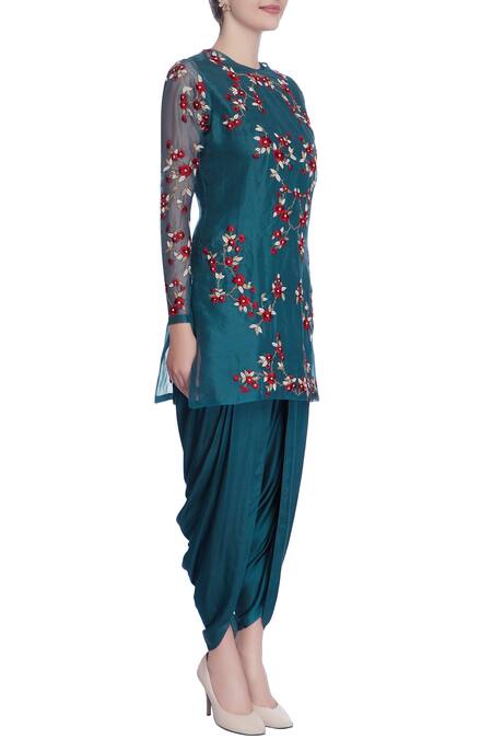 Incheetape_Blue Teal Resham And Zardozi Embroidered Kurta Set _Online_at_Aza_Fashions