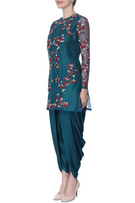 Buy_Incheetape_Blue Teal Resham And Zardozi Embroidered Kurta Set _Online_at_Aza_Fashions