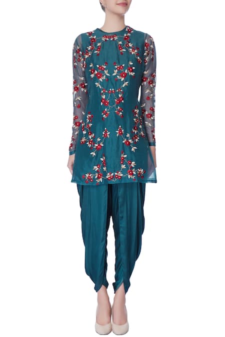 Shop_Incheetape_Blue Teal Resham And Zardozi Embroidered Kurta Set _Online_at_Aza_Fashions