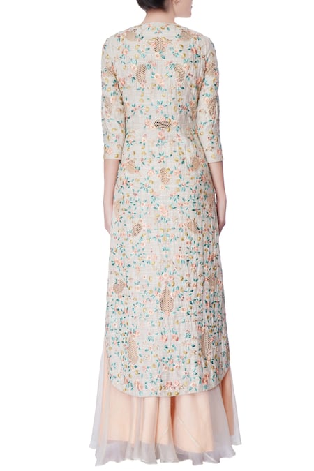 Incheetape Beige resham embroidered kurta & lehenga  