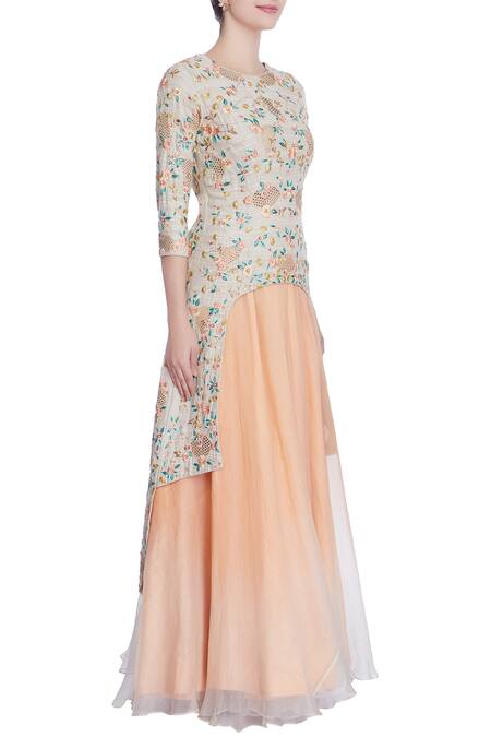 Incheetape_Beige Organza Embroidered Resham Round Kurta And Lehenga _Online_at_Aza_Fashions
