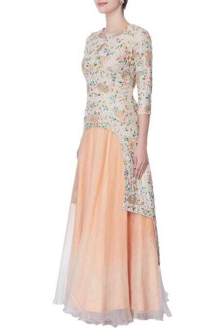 Buy_Incheetape_Beige Organza Embroidered Resham Round Kurta And Lehenga _Online_at_Aza_Fashions