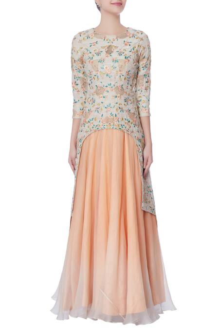 Shop_Incheetape_Beige Organza Embroidered Resham Round Kurta And Lehenga _Online_at_Aza_Fashions