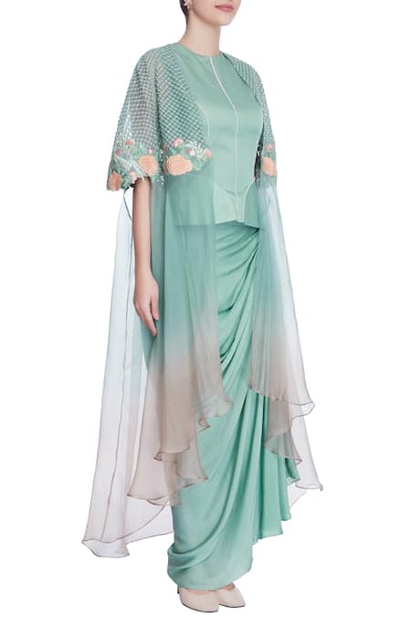 Incheetape_Blue Organza Embellished Capeopen Cape And Draped Skirt Set _Online_at_Aza_Fashions
