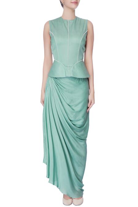 Shop_Incheetape_Blue Organza Embellished Capeopen Cape And Draped Skirt Set _Online_at_Aza_Fashions