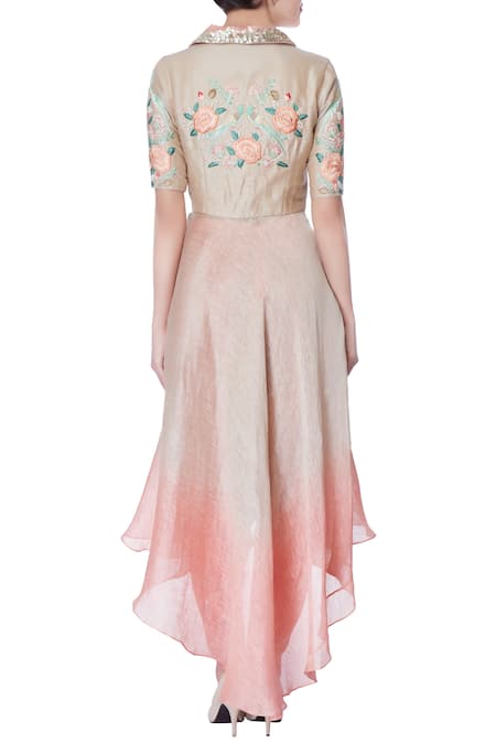 Incheetape Coral pink & beige suit with dhoti pants 