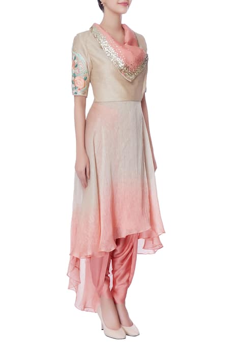 Incheetape_Beige Coral Pink And Suit With Dhoti Pants _Online_at_Aza_Fashions