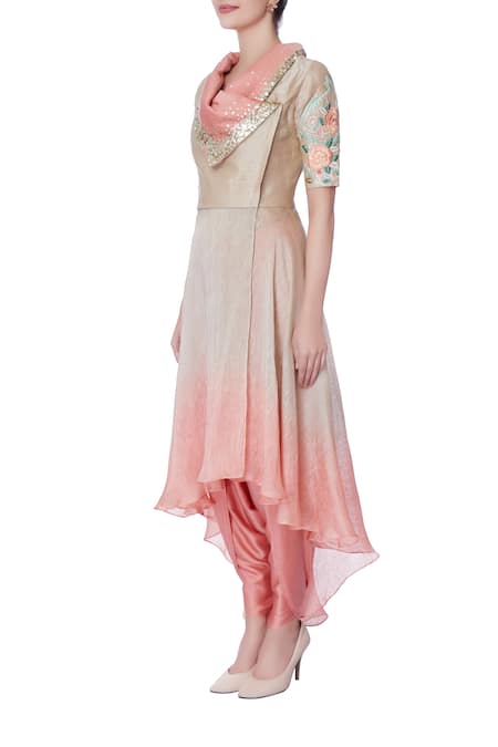 Buy_Incheetape_Beige Coral Pink And Suit With Dhoti Pants _Online_at_Aza_Fashions