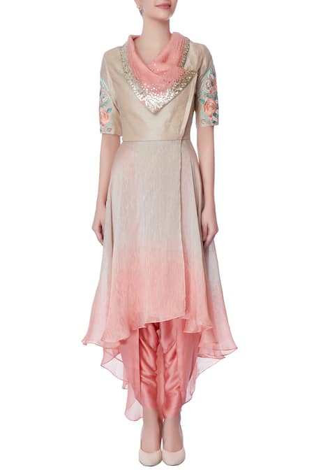 Shop_Incheetape_Beige Coral Pink And Suit With Dhoti Pants _Online_at_Aza_Fashions