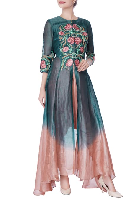 Incheetape Teal & pink front open kurta & dhoti pants 