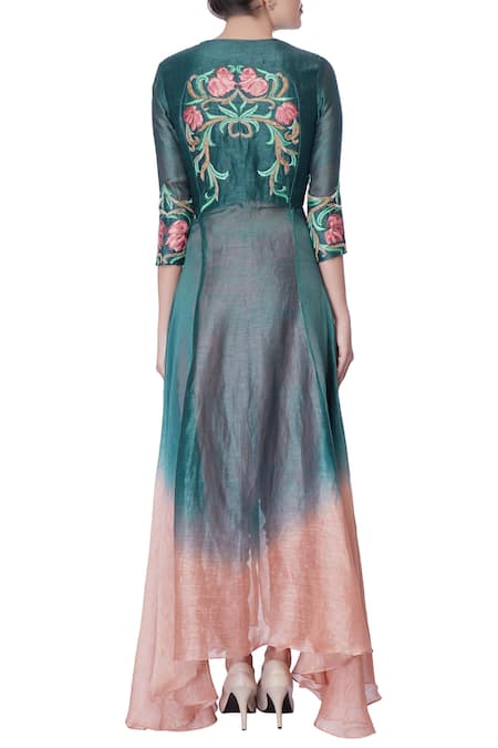 Incheetape Teal & pink front open kurta & dhoti pants 