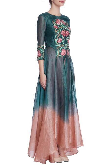Incheetape_Blue Teal And Pink Front Open Kurta & Dhoti Pants _Online_at_Aza_Fashions