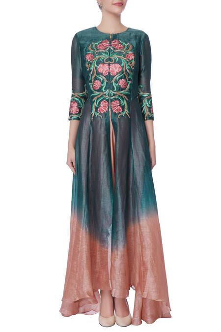 Shop_Incheetape_Blue Teal And Pink Front Open Kurta & Dhoti Pants _Online_at_Aza_Fashions