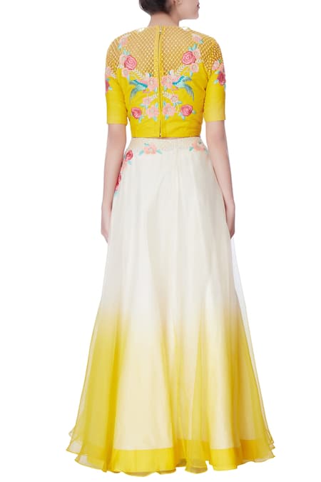 Incheetape White & yellow organza floral lehenga & blouse 