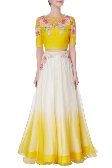 Shop_Incheetape_White Organza Embroidered Sequin Round And Yellow Floral Lehenga & Blouse _Online_at_Aza_Fashions