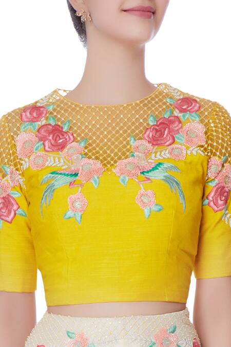 Incheetape_White Organza Embroidered Sequin Round And Yellow Floral Lehenga & Blouse _at_Aza_Fashions