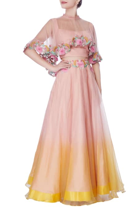 Incheetape Yellow Organza Embroidered Sequin Round High Neck Pink And Ombre Lehenga Set 