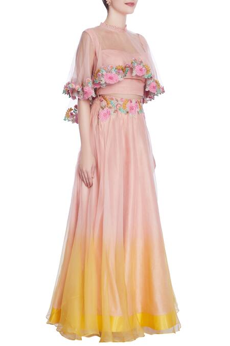 Incheetape_Yellow Organza Embroidered Sequin Round High Neck Pink And Ombre Lehenga Set _Online_at_Aza_Fashions