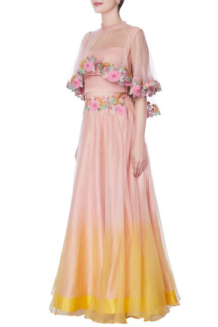 Buy_Incheetape_Yellow Organza Embroidered Sequin Round High Neck Pink And Ombre Lehenga Set _Online_at_Aza_Fashions